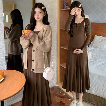 Real shot in stock pregnant women dress autumn slim tall fishtail skirt long dress sweater coat