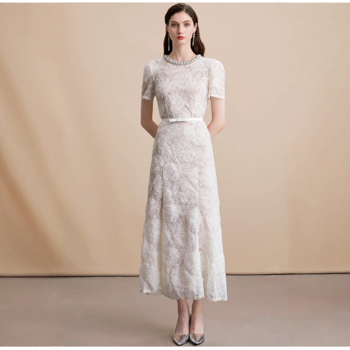 French Elegant Beaded Lace Dress Short Sleeve Round Neck Fishtail Design Summer Cocktail or Formal Occasion