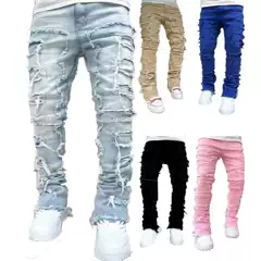 Cross-border new men's denim straight pants European and American street fashion ins explosion stretch patch denim straight pants