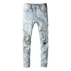 2025 Autumn and Winter European and American High Street Fashion Brand Autumn New Knee Ripped Old Jeans Men's Elastic Slim Fit