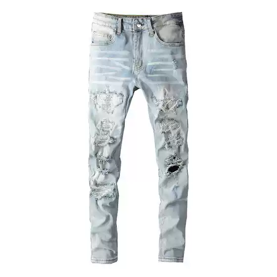 2025 Autumn and Winter European and American High Street Fashion Brand Autumn New Knee Ripped Old Jeans Men's Elastic Slim Fit