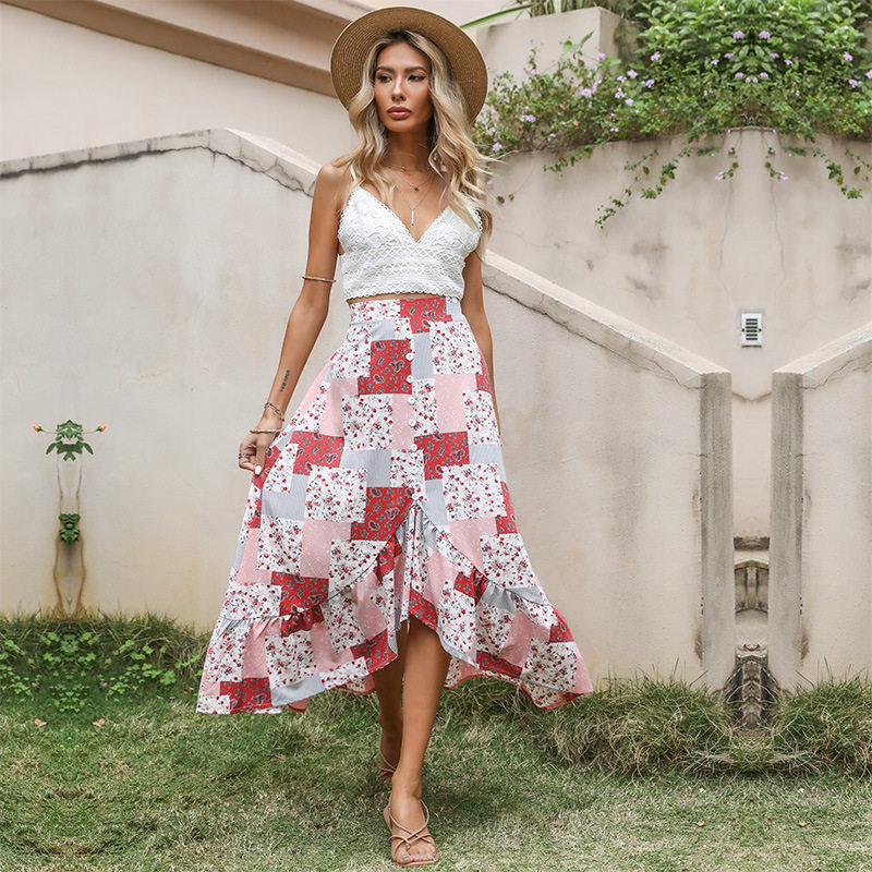 Floral Print Maxi Skirt Loose Fit Asymmetrical Design Comfortable Fabric Casual Wear Summer Style Wholesale