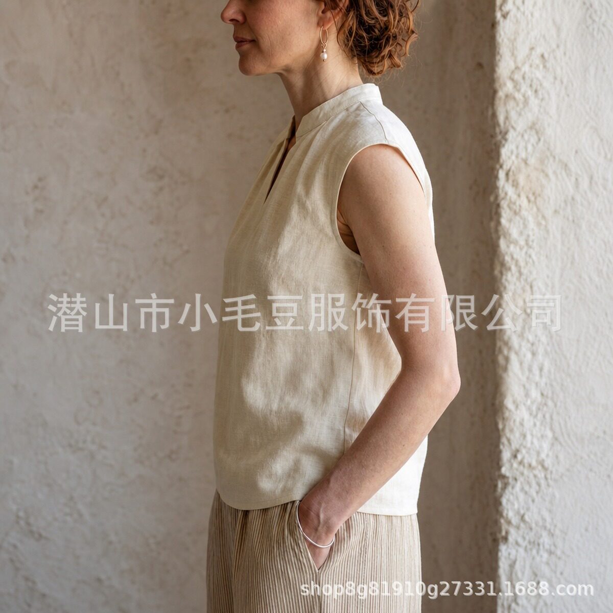 Womens Summer Sleeveless T Shirt Light Beige Linen Pleated Loose Fit Small Stand Collar Casual Style Wholesale