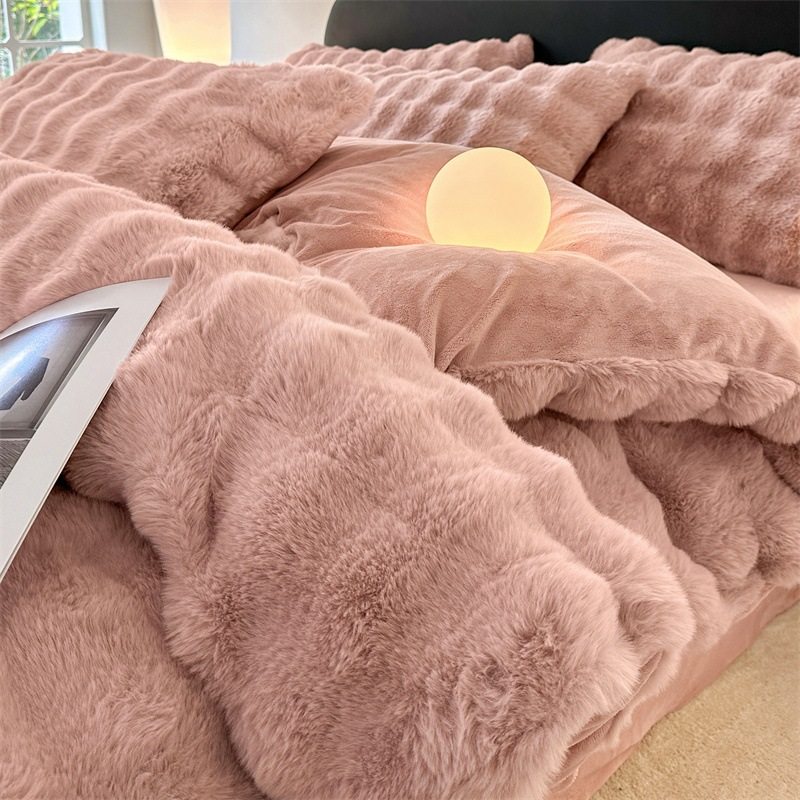 Thick Rabbit Plush Milk Velvet Four-Piece Set Winter Warm Rabbit Velvet Bed Bed Sheets Quilt Cover Lazy Rabbit Velvet Coral Velvet 4