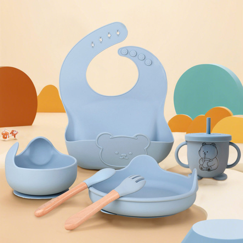 Bear Silicone Food Supplementation Tableware suit Baby Silicone Suction Bowl Maternal and Infant Feeding Baby Bib Six-Piece Set