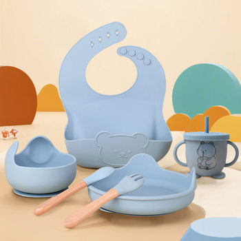 Bear Silicone Food Supplementation Tableware suit Baby Silicone Suction Bowl Maternal and Infant Feeding Baby Bib Six-Piece Set