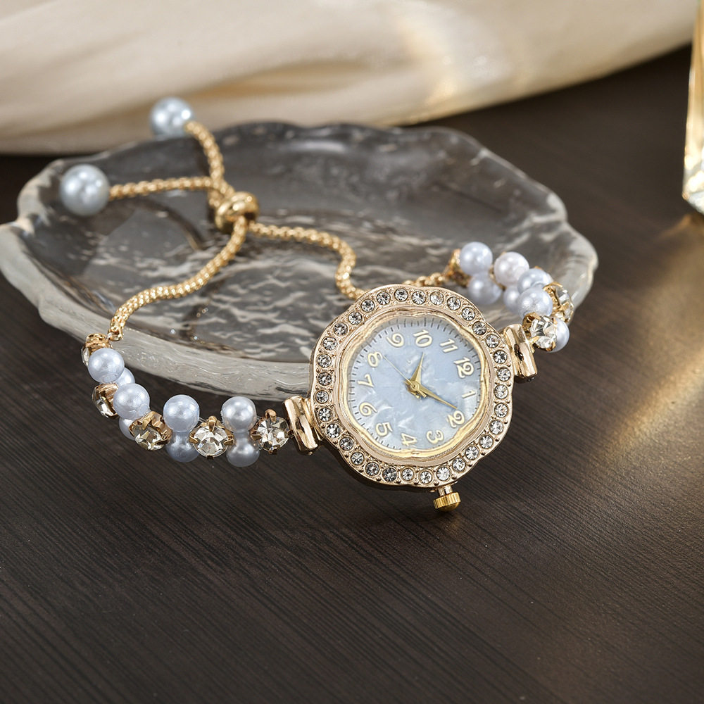 New Trendy Influencer Style Double-Row Pearl Full Diamond Sunflower Dial Compact Thin Strap High-Value Digital Face Bracelet Watch