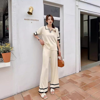 2024 New Korean-style Summer Polo Collar Short-sleeved Fashionable Casual Loose All-match Slimming High Waist Knitted Suit