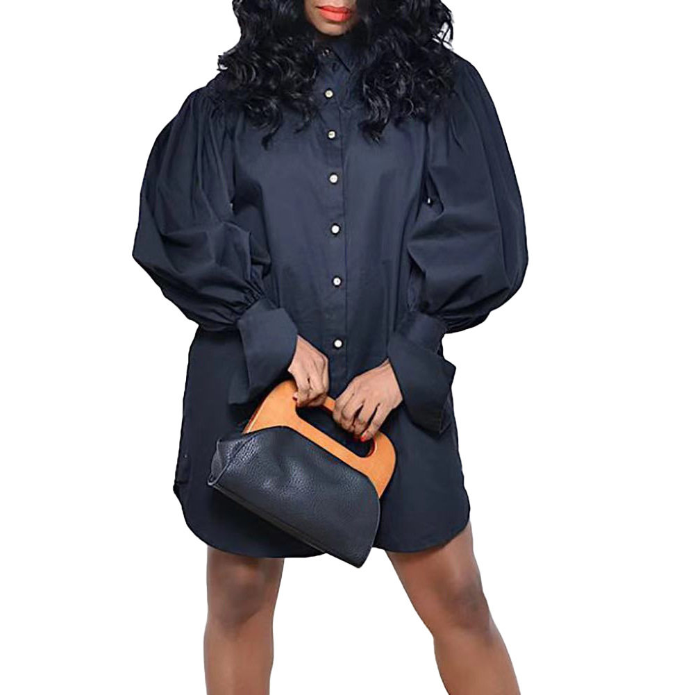 Plus Size Womens Casual Long Sleeve Shirt Dress Loose Fit Solid Color Puff Sleeves Everyday Wear Wholesale