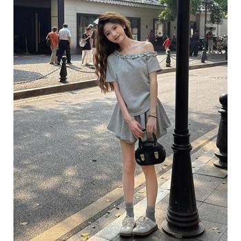 Korean Lace One-Shoulder Short-Sleeved T-Shirt for Women Summer New Design Niche High-Waist Slim Shorts and Skirt Suit