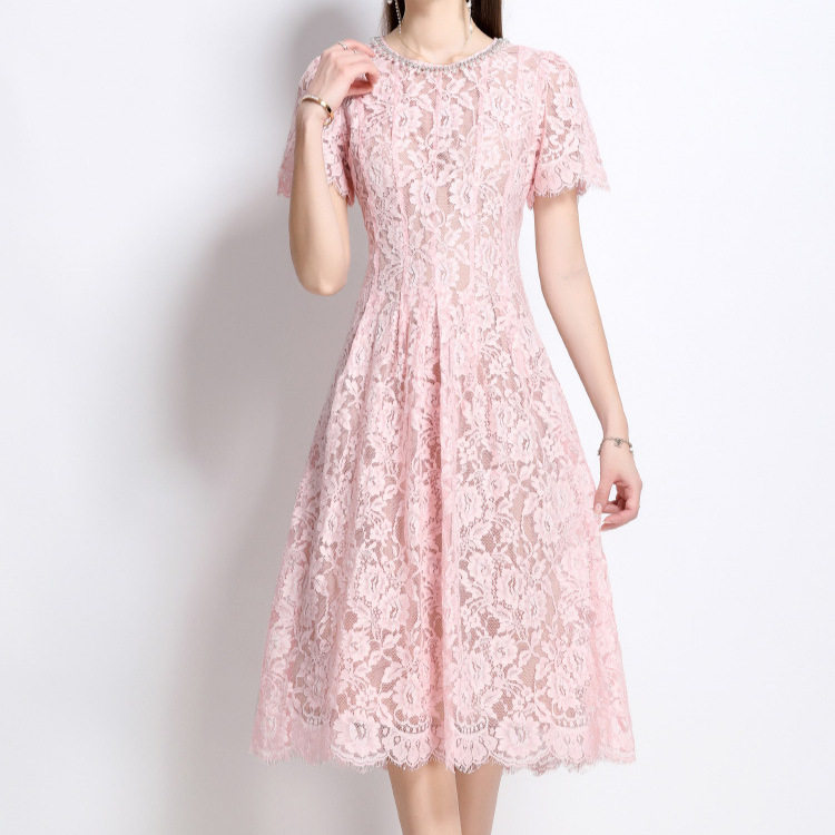 French Elegant Beaded Lace Dress Short Sleeve Round Neck Slim Fit High Quality Fabric Cocktail Party or Evening