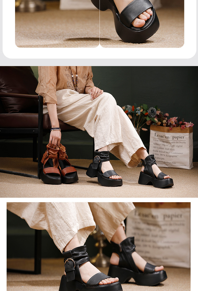 Sandal nữ mũi hở đế dày da bò thật phong cách cổ điển — màu đen, Màu nâu