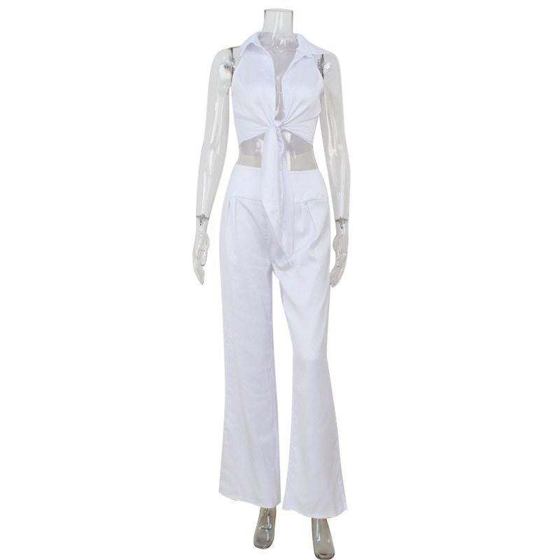 French Style Sleeveless Lapel Tie Top High Waist Satin Trousers Elegant Business Attire for Professional Occasions