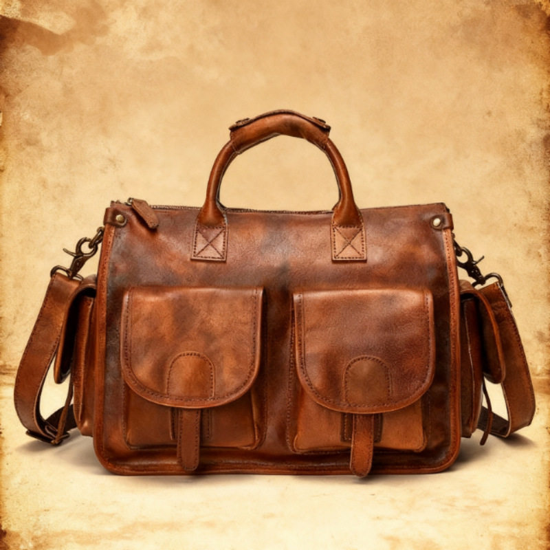 Cross-Border Cowhide Men's Crossbody Bag Vegetable Tanned Leather Polished Genuine Leather Briefcase Handbag High-End Business Men's Bag Single Shoulder