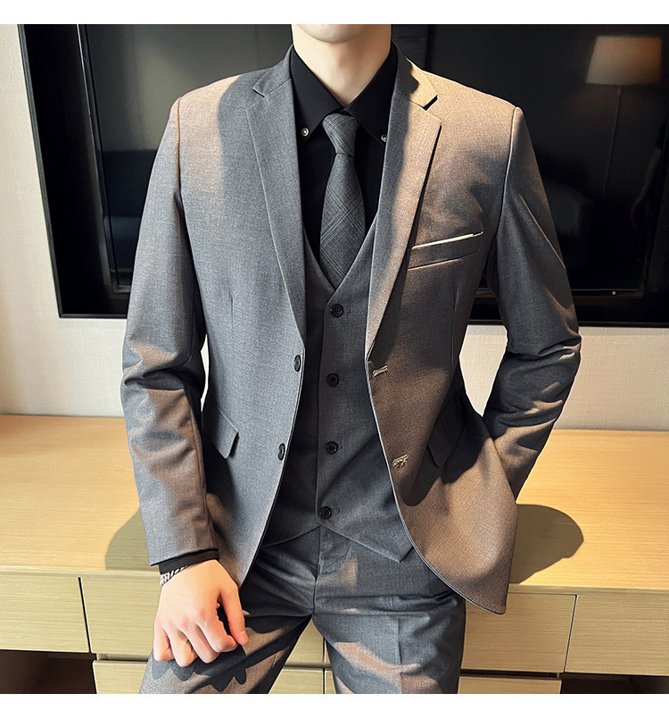Bộ vest nam ôm dáng ba món phong cách công sở và dự tiệc cưới — Màu xám (áo một nút + áo vest + quần), Màu xanh navy (áo một nút + vest + quần), Màu xám (áo một nút + quần), Màu xám (áo đơn một nút)