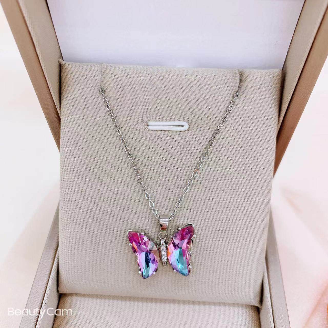 Cross-border Hot Sale Micro-inlaid Zircon Gradient Magic Color Butterfly Titanium Steel Necklace Women's Fashion Simple Elegant Personalized Copper Pendant