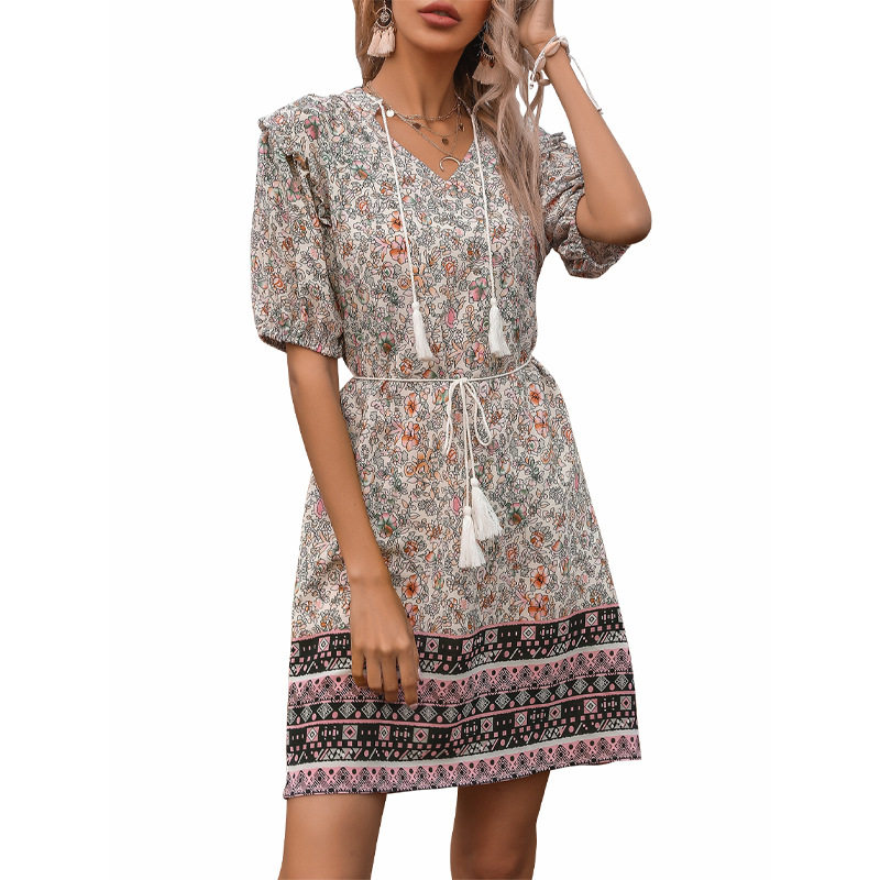 Vintage Bohemian Floral Maxi Dress Slim Fit V Neck Tassel Detail Perfect for Summer Events Wholesale Available
