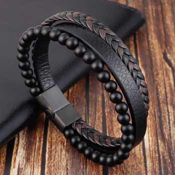 Natural Stone Frosted Stone Leather Bracelet Stainless Steel Leather Woven Bracelet Multi-Layer Men's Magnet Jewelry Magnetic Attraction