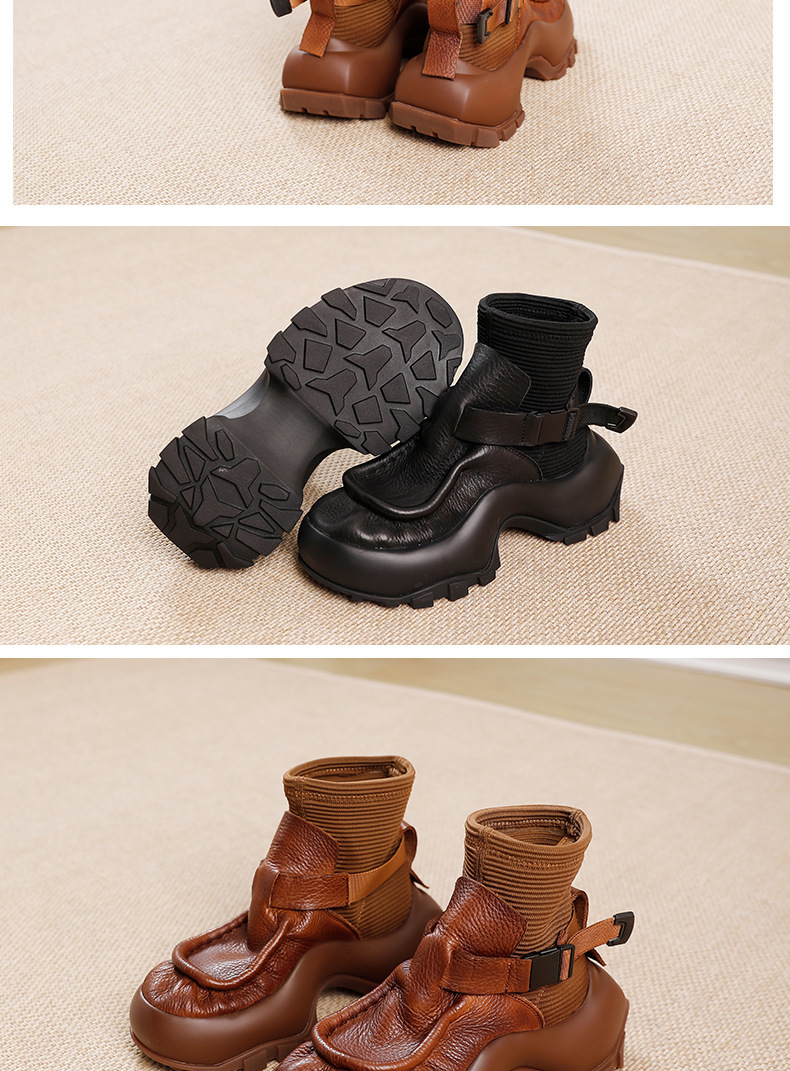 Boot Martin nữ da bò cổ ngắn đế dày gót thô — Màu đen, Màu nâu đậm