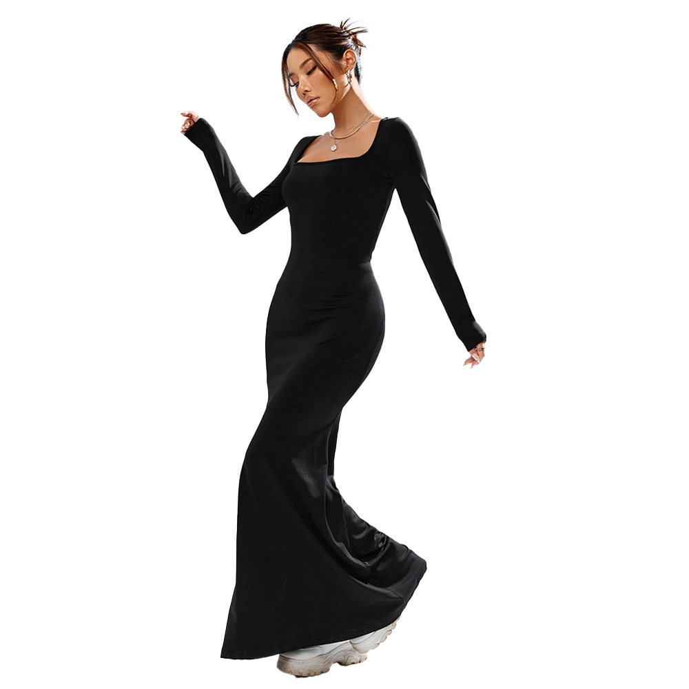 Black Knit Long Sleeve Bodycon Dress Square Neck Sexy Fit Elegant Style Perfect for Parties and Gatherings