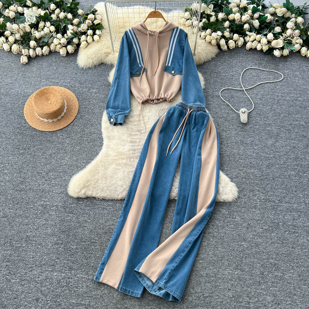 Womens Vintage Loose Fit Denim Hoodie and High Waisted Wide Leg Pants Set Casual Style for Fall Winter Wholesale