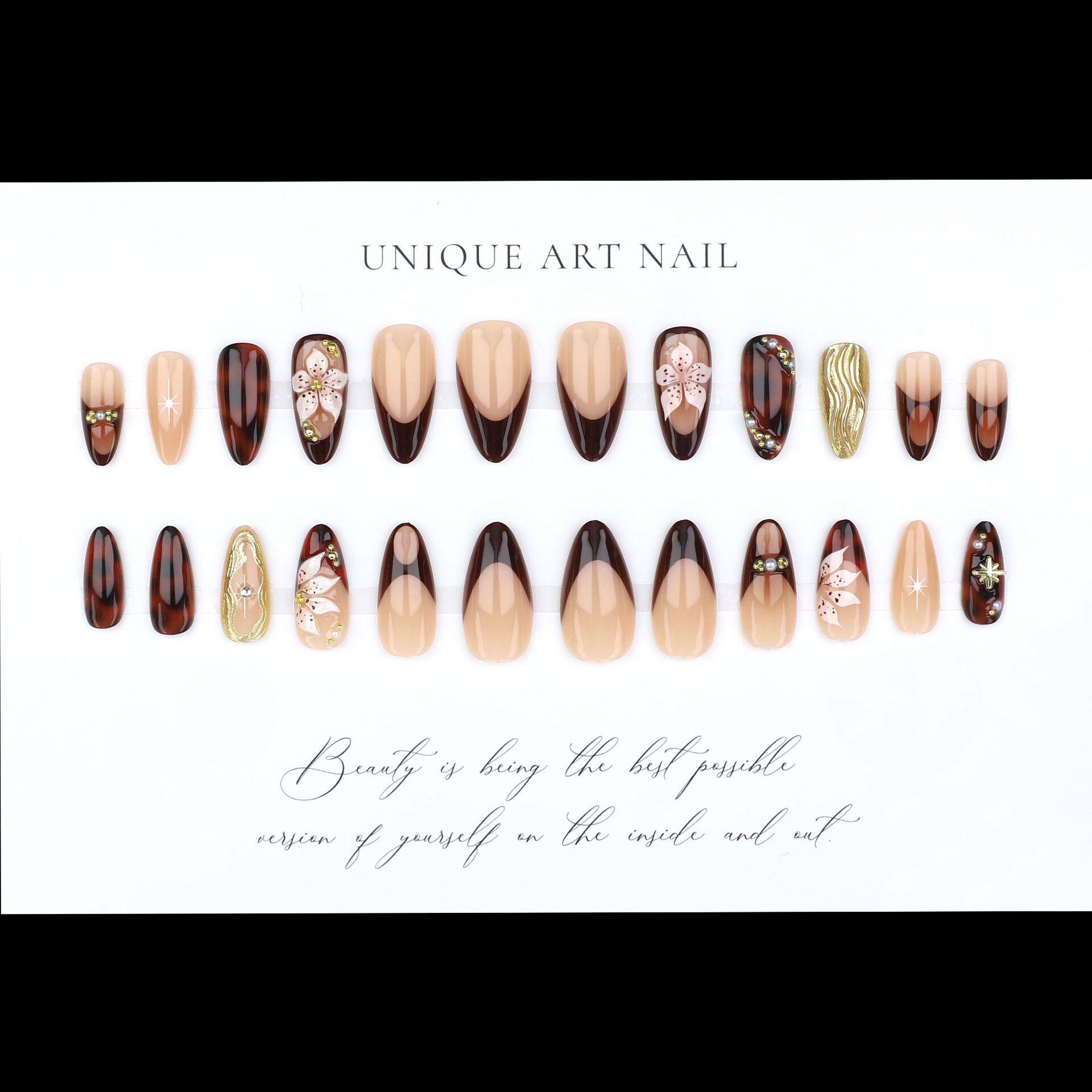 Wearable Nail Art for Autumn and Winter: Popular Handmade Gilded 3D Carved French Dark Coffee Leopard Print with Rhinestones Fake Nail Tips