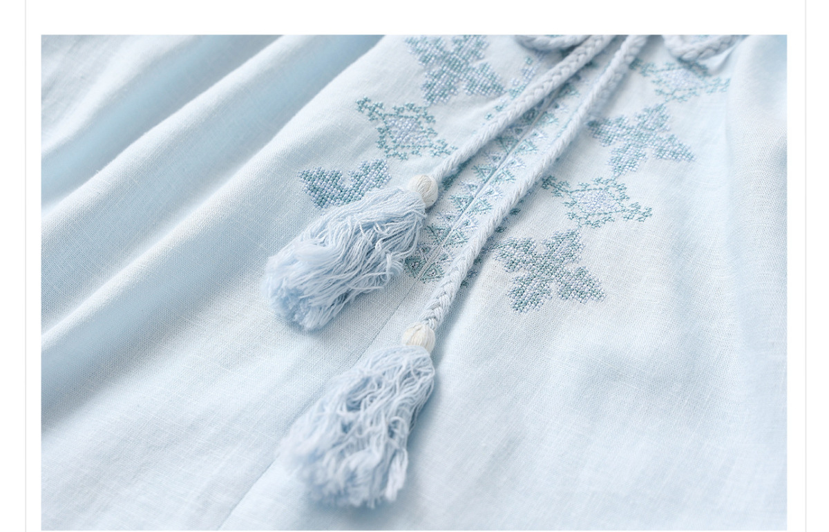 Áo sơ mi nữ linen dài tay thêu họa tiết dáng rộng — Màu trắng be, Màu xanh đậm, Màu xanh lam nhạt
