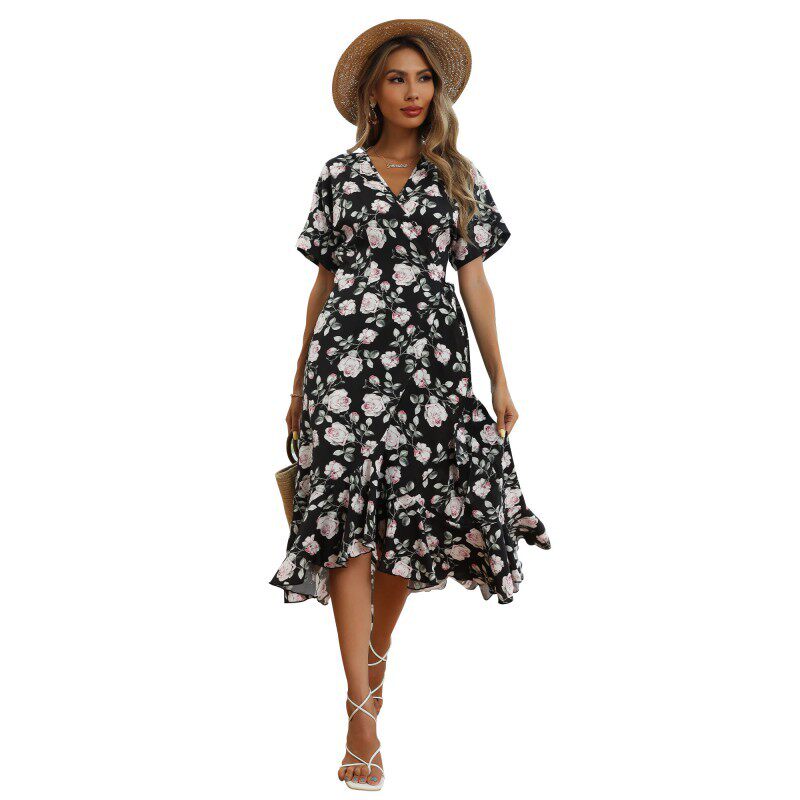 Black Floral Print One Piece Dress Short Sleeve Summer Style Casual Wear Wholesale Available