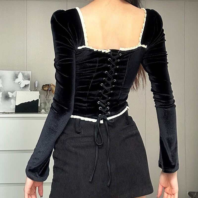 French Style Womens Dress Square Neck Backless Slim Fit Lace Trim Long Sleeve Elegant Evening Wear Wholesale