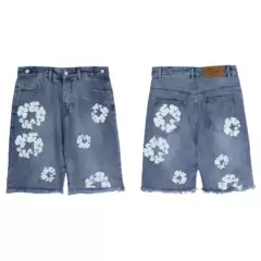 Real shot in stock cotton Denim shorts white wreath print