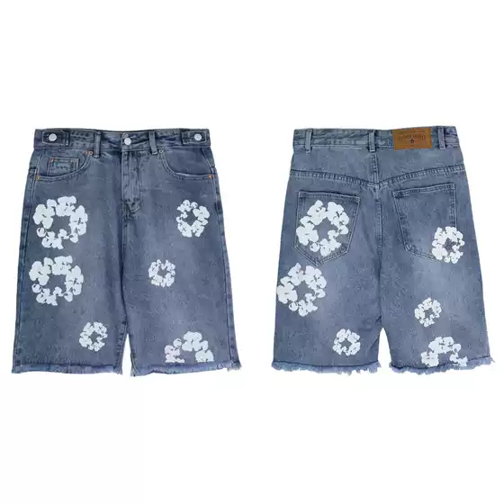 Real shot in stock cotton Denim shorts white wreath print
