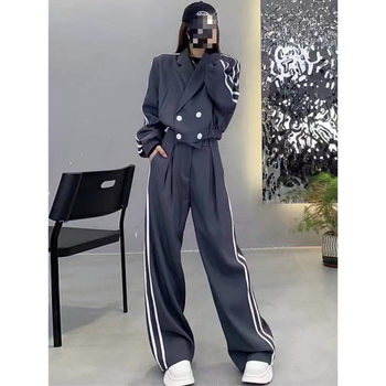 Two-Stripe Suit Women 2025 Autumn and Winter New Thickened Blazer High-Waisted Slimming Wide-Leg Pants Two-Piece Set