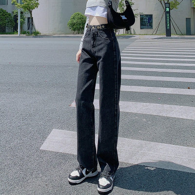 Womens Light Wash Loose Fit Straight Leg Jeans Adjustable Buckle Korean Style Fashionable Versatile Spring