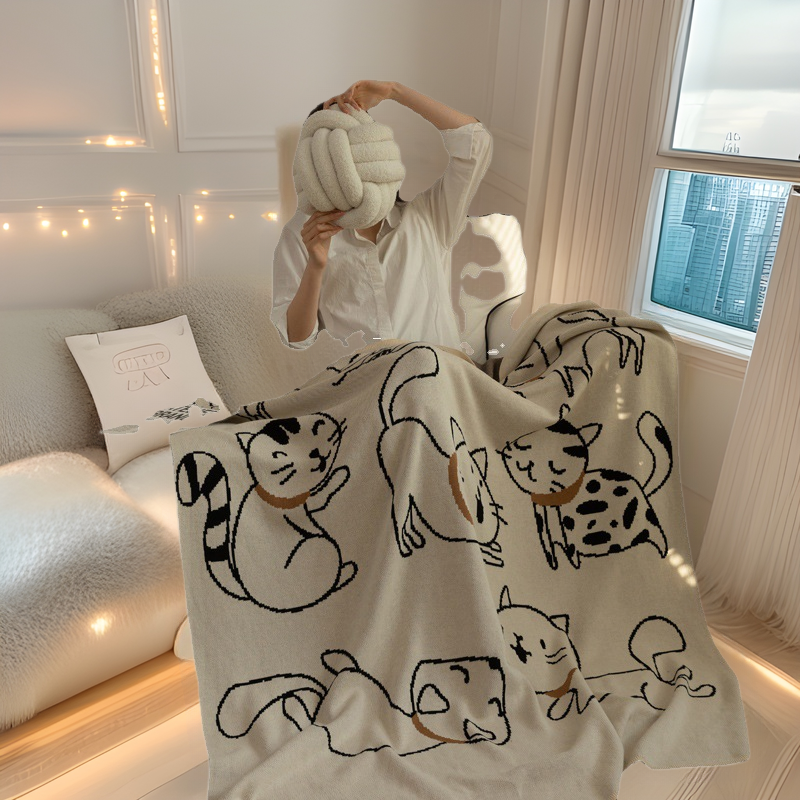 Class a Pure Cotton Knitted Jacquard Cute Cat Sofa Blanket Air Conditioning Office Nap Blanket Casual Pure Cotton Throw Blanket