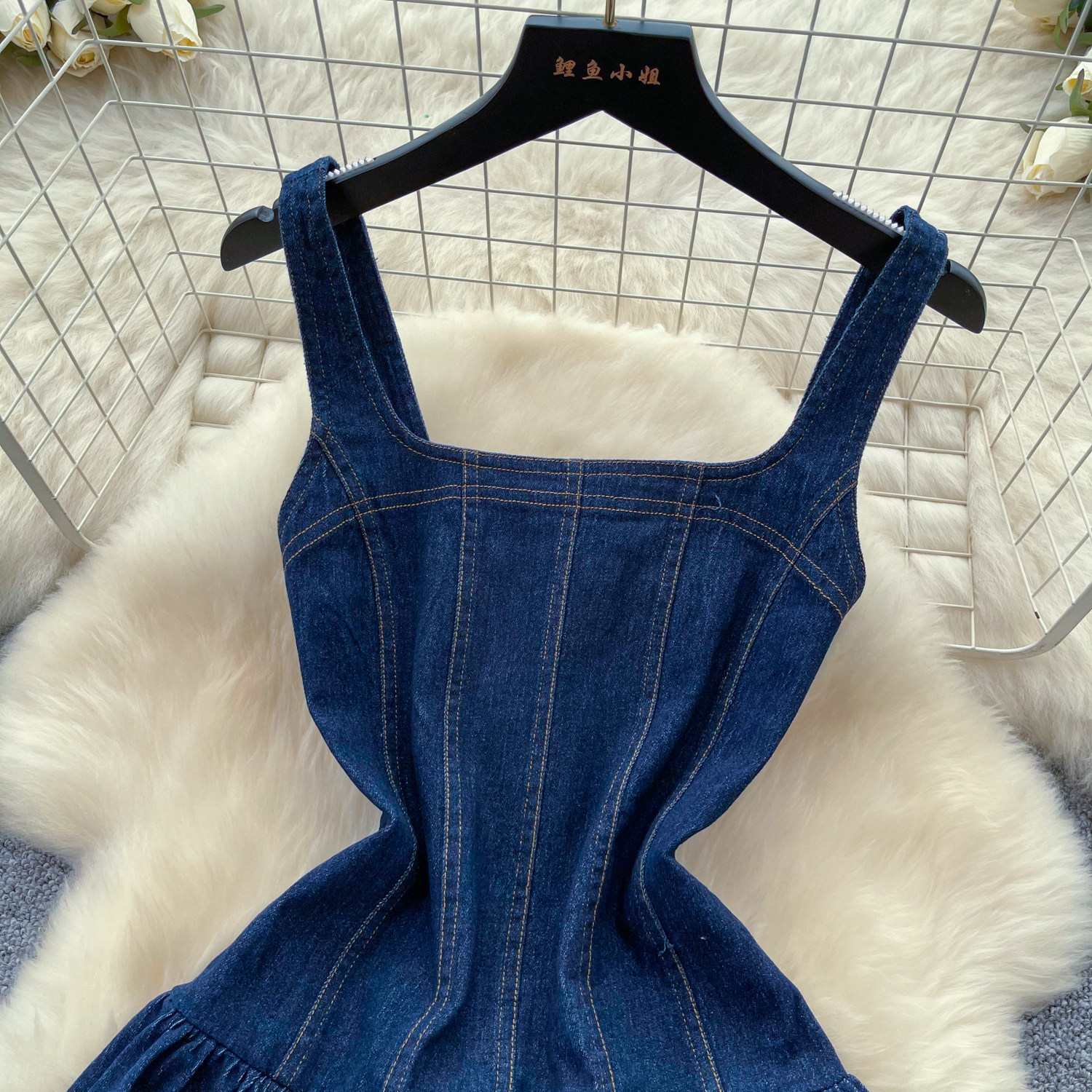 Summer Womens Denim A Line Dress with Sleeveless Design and Waist Cinching Fit in Blue Available in Multiple Sizes Wholesale