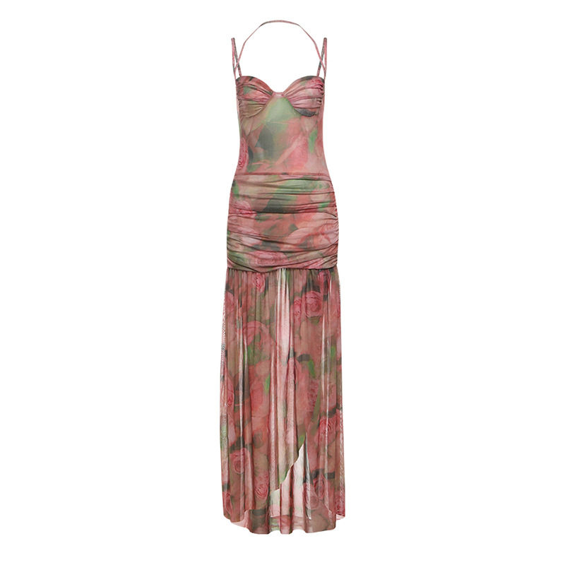 Summer Womens Fashion Dress Sexy Low Cut A Line Maxi Dress Slim Fit Spaghetti Straps Elegant Evening Wear