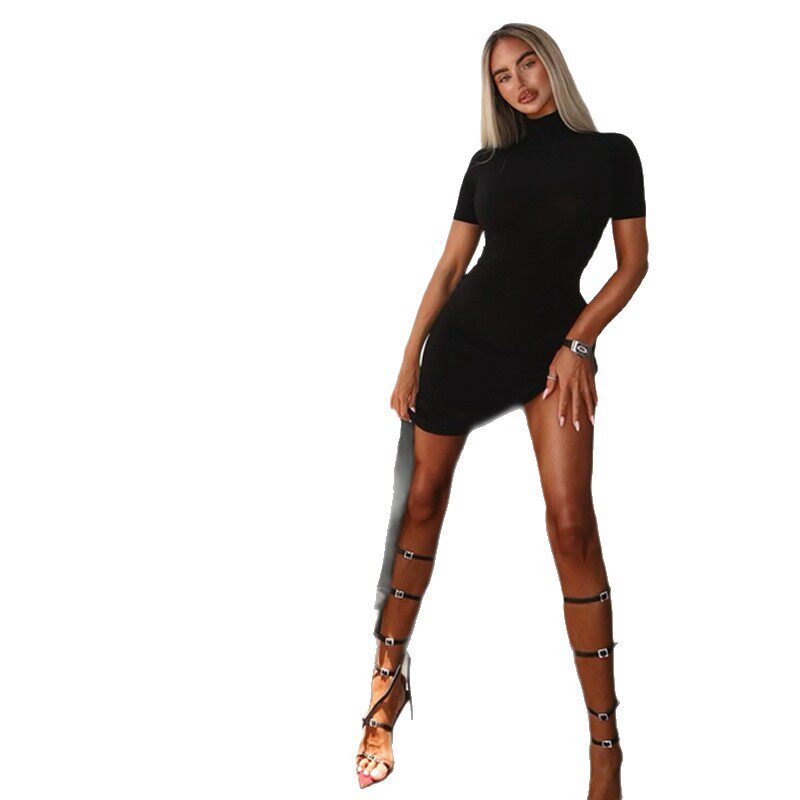 Fashionable Womens Solid Color Bodycon Maxi Dress High Neck Short Sleeves High Slit Perfect for Parties and Events