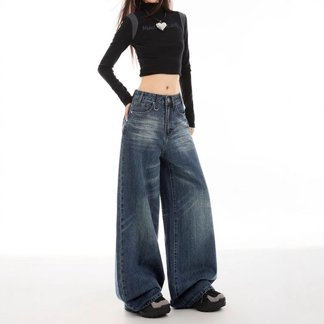 Wide Leg High Waisted Denim Trousers Vintage Style Versatile Design Comfortable Fit Casual Wear Ready to Ship