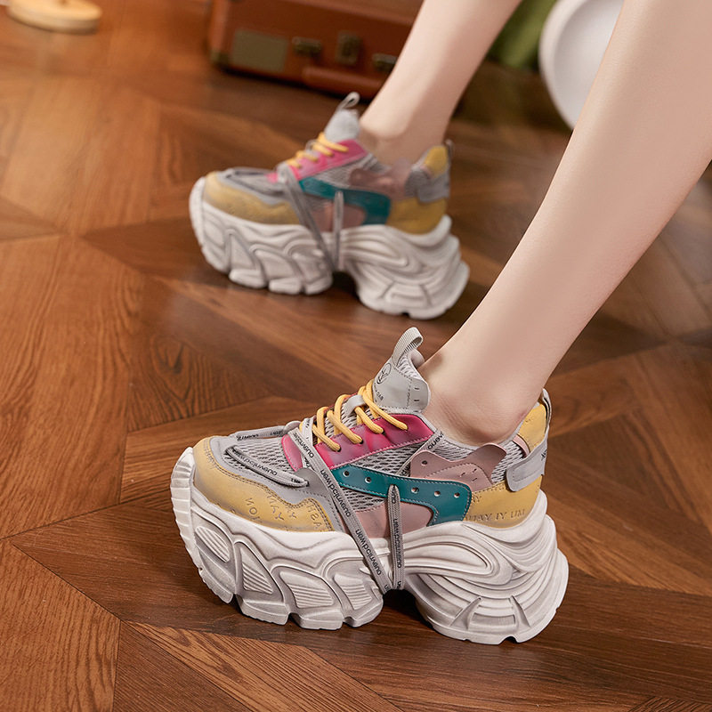 Giày thể thao platform nữ đế dày microfibre thoáng khí, gót siêu cao 8 cm — Xám