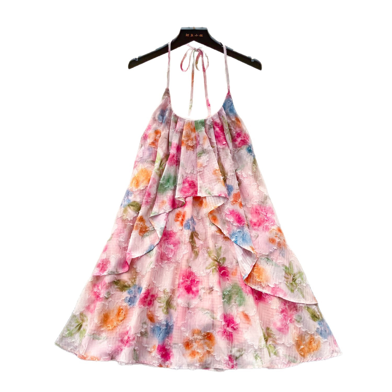 Floral Print Halter Dress Summer A Line Silhouette Sweet Pink Color Soft Hem Perfect for Vacation or Casual Outings
