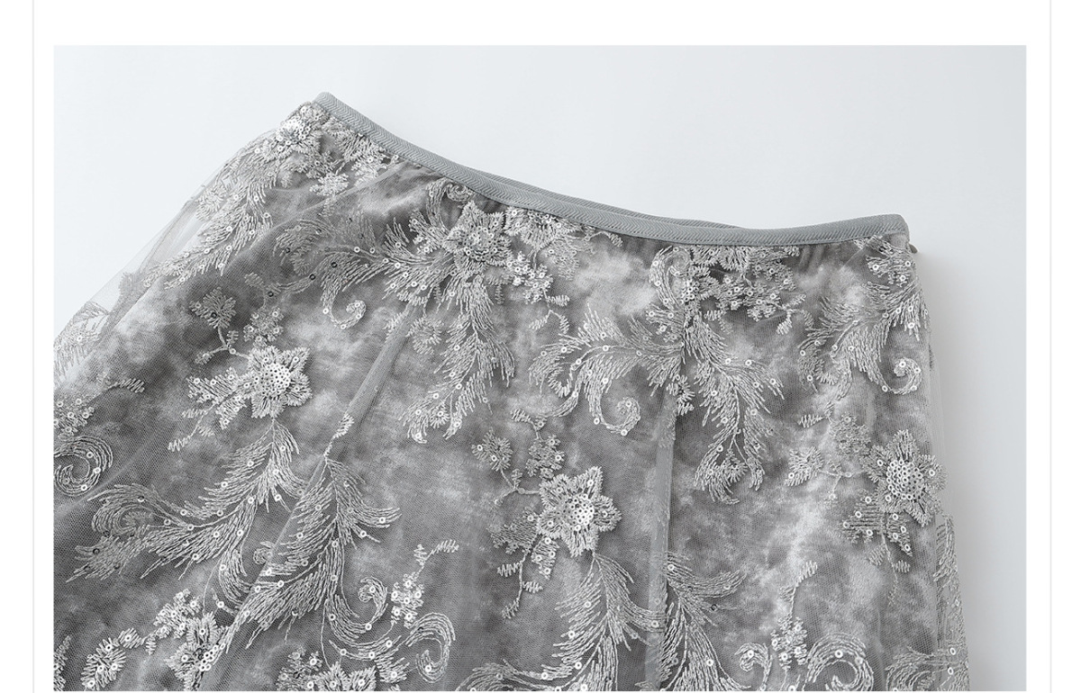 Chân váy dài xòe nhiều tầng thêu sequin nhung dệt hoa — Đen tuyền, Mễ Hạnh, Xám bạc