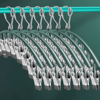 Household Balcony 10-Clip Clothes Hanger Stainless Steel Clothes Hanger Underwear Socks Curved Multi-Head Windproof Clip Kidsren's Clothes Drying Hanger