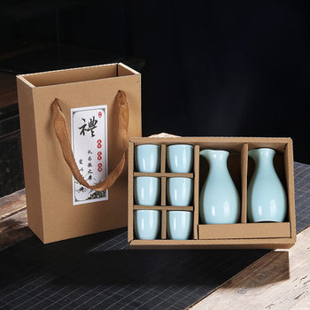 Ceramic Wine Dispenser White Porcelain Two Pot Six Glass Wine Set Liquor Pot Company Gift Set Liquor Glass LOGO Warm Wine Pot