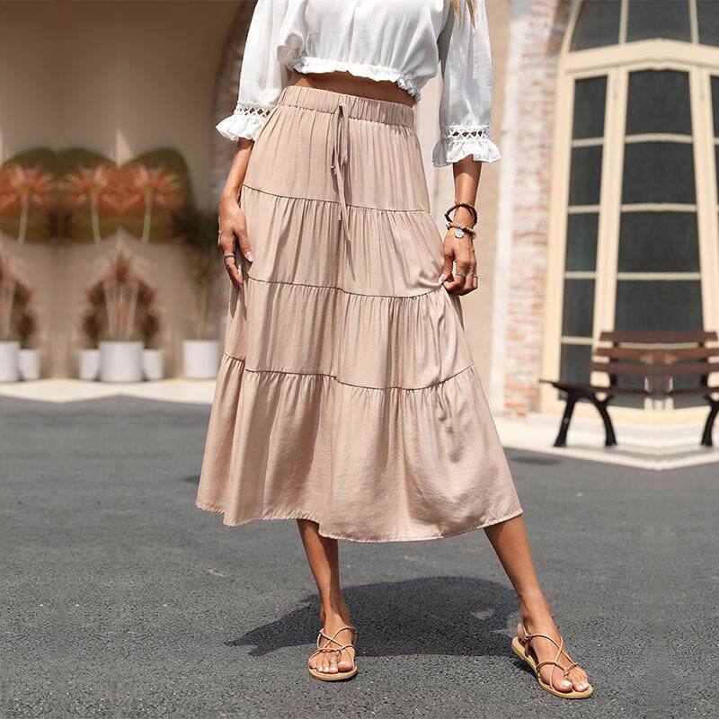 Summer Womens Ruffled Solid Color Midi Skirt Elegant Design Comfortable Fit Versatile for Casual or Formal Occasions