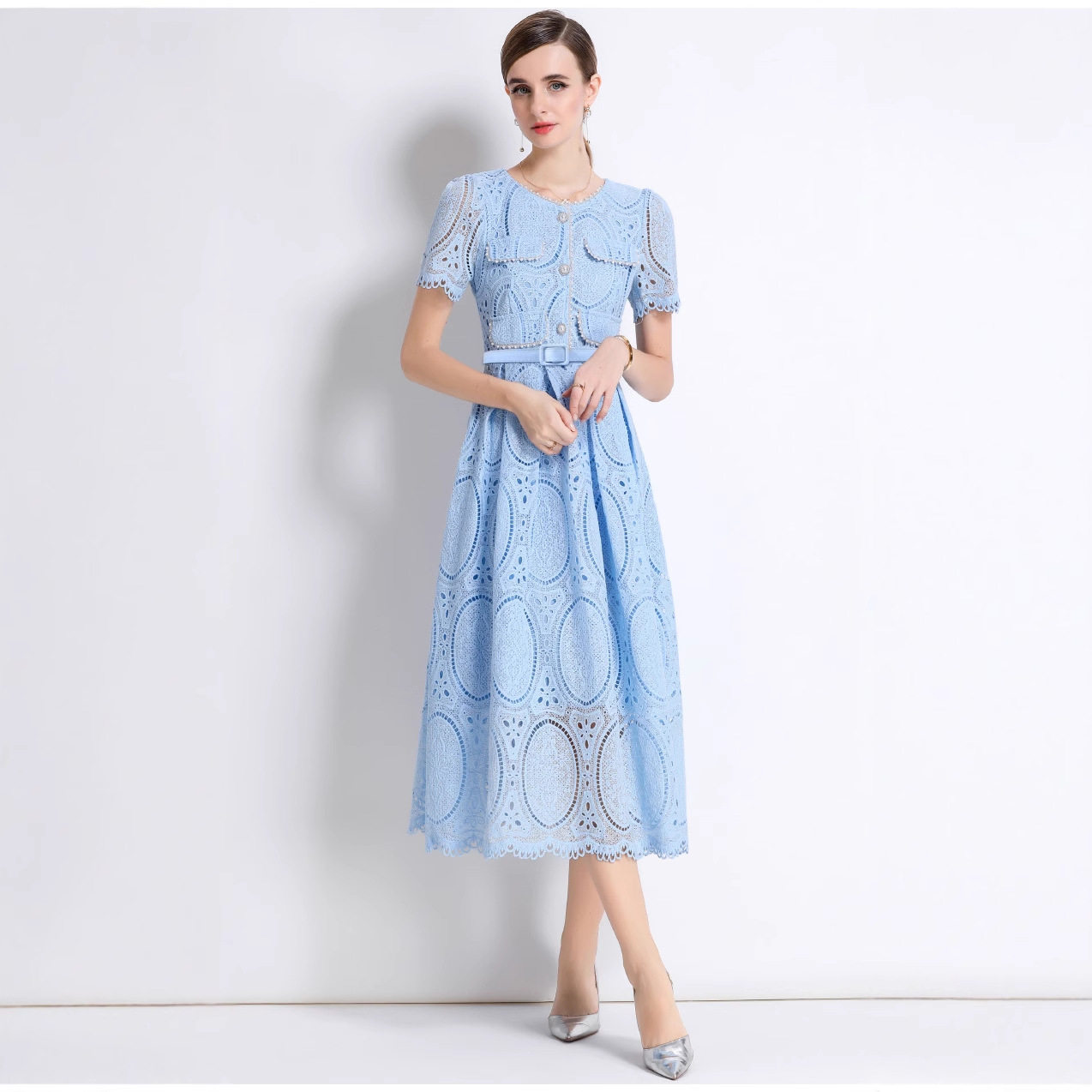 French Elegant Beaded Round Neck Short Sleeve Lace Dress Hollow Out Waist Tie Chic Design Perfect for Parties and