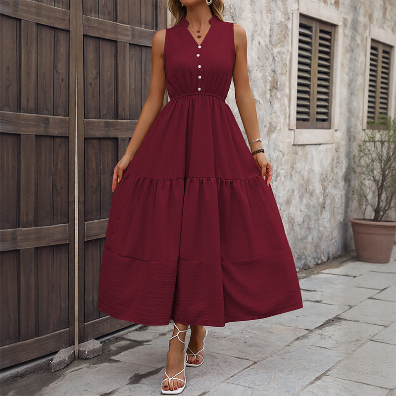 High Waist Sleeveless Maxi Dress Simple Style Solid Color Comfortable Fit Casual Wear for Summer OEM Available