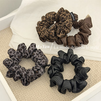 Korean Style Fashionable Retro Leather Small Intestine Hair Band Pleated Leopard Print Velvet Flower Bud Headband Elegant Versatile Ponytail Hair Rope