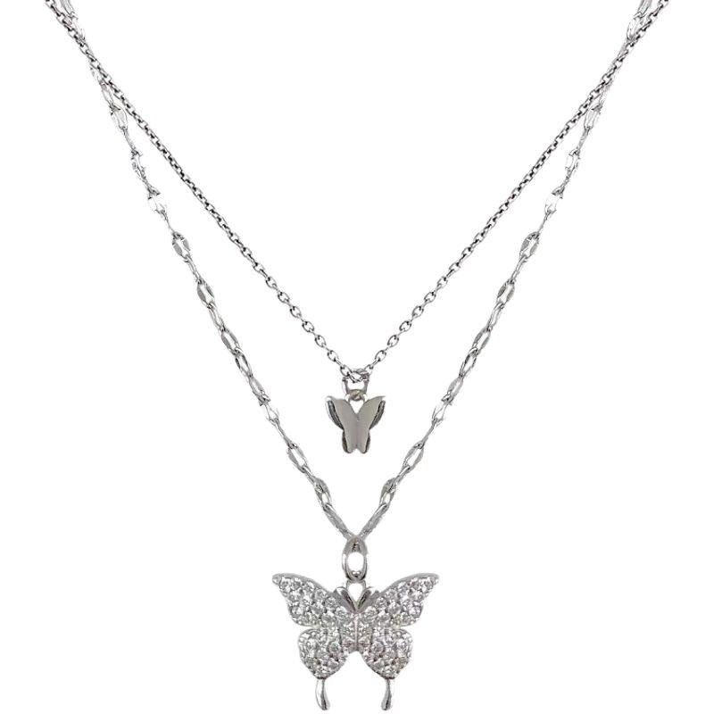 Flash Diamond Butterfly Double Layer Necklace for Women Ins Niche Design Easiest for Match Light Luxury Cold Style Clavicle Chain as a Gift for Best Friend