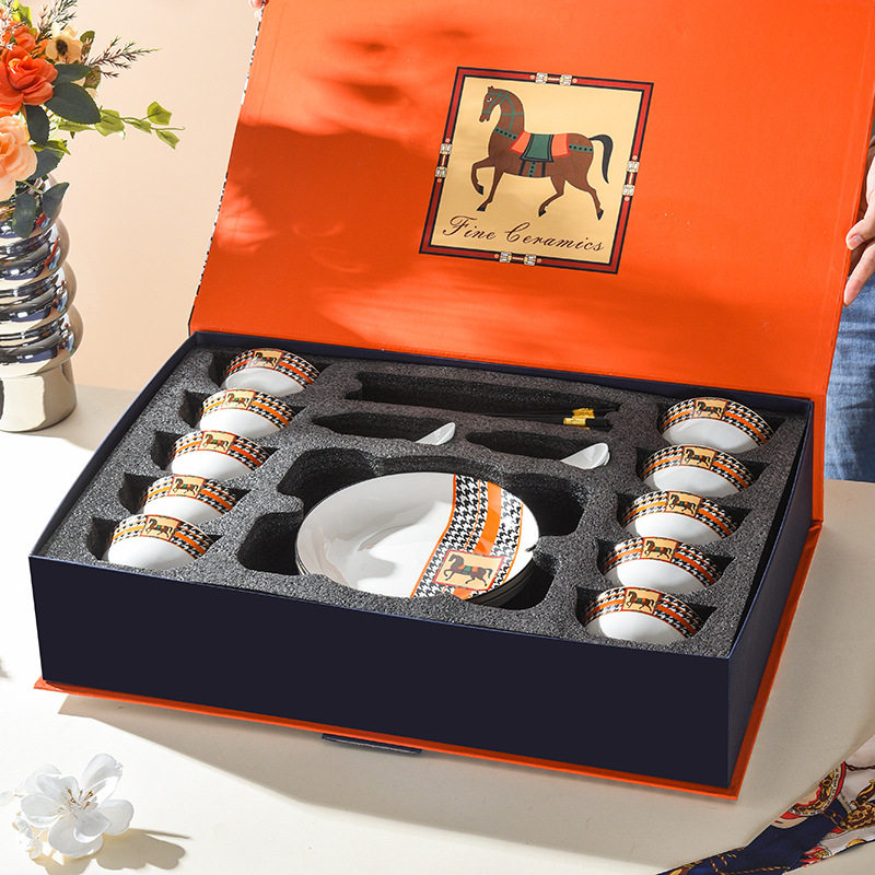 Horse Retro Style Ceramic Tableware Bowl and Chopsticks suit Light Luxury Gift Boxed Wedding Accompanying Gift Opening Festival housewarming