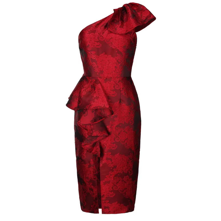 Vintage One Shoulder Ruffle Hem Sleeveless Dress High Waist Slim Fit Side Slit Spring Summer Elegance Wholesale